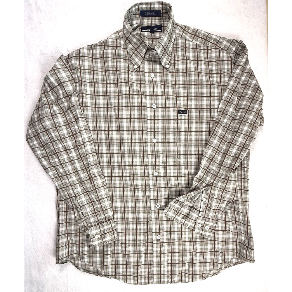 Faconnable men shirt small burgundy tan plaid Designer Preppy Classic